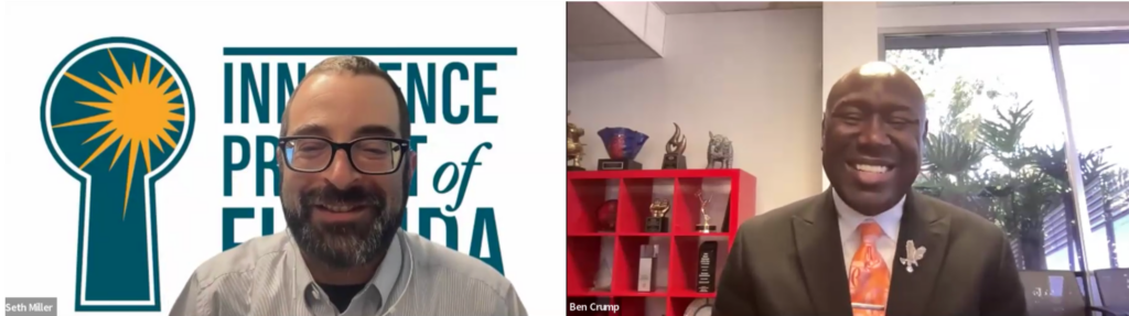Two men video conferencing: Seth Miller on the left in front of a logo; Ben Crump on the right in a suit with an orange tie in an office with a trophy shelf.
